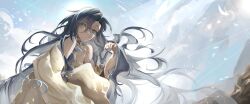 1girl 37_(reverse:1999) absurdres ancient_greek_clothes bare_shoulders blue_eyes blue_hair blue_sky cloud floating_hair from_below gold_choker greco-roman_clothes hair_between_eyes hand_up highres long_hair looking_at_viewer mountain oversaltedcat reverse:1999 sky solo sun toga upper_body very_long_hair