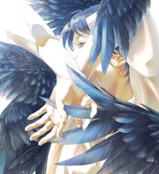 1boy arms_up black_wings blue_eyes blue_hair close-up covered_mouth crossed_wrists dark_blue_hair expressionless eyelashes facing_away feathered_wings feathers fingernails highres light light_particles looking_afar male_focus original palms profile rido_(ridograph) shaded_face shirt simple_background upper_body white_background white_shirt wings