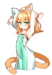 Rule 34 | 1girl, absurdres, ahoge, animal ear fluff, animal ears, arknights, armpits, arms behind head, arms up, bangle, bare arms, bare shoulders, blush, bracelet, breasts, cat ears, cat girl, cat tail, collarbone, commentary, dress, godgamesc2, green dress, green eyes, highres, jewelry, long hair, orange hair, papyrus (arknights), parted lips, simple background, small breasts, solo, strapless, strapless dress, striped clothes, striped dress, sweat, tail, vertical-striped clothes, vertical-striped dress, white background