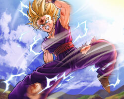 1boy angry aqua_eyes arm_up blonde_hair blood blood_on_body blood_on_face blue_sky boriroba brown_shoes clenched_teeth cloud commentary_request crackling_energy dougi dragon_ball dragonball_z floating_hair highres incoming_attack incoming_kick injury looking_at_viewer looking_down male_focus motion_blur mountainous_horizon muscular muscular_male outdoors purple_dougi red_sash sash scratches shoes short_hair single_bang sky solo son_gohan spiked_hair super_saiyan super_saiyan_2 sweatband teeth toriyama_akira_(style) torn_clothes