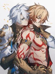 ... 2boys abs arm_tattoo armlet armor armored_gloves chest_tattoo chinese_commentary choker clawed_gauntlets coat collared_coat commentary_request facial_tattoo fingerless_gloves gloves gold_necklace gradient_hair highres honkai:_star_rail honkai_(series) jewelry leaning_on_person looking_at_viewer male_focus multicolored_hair multiple_boys muscular muscular_male mydei_(honkai:_star_rail) necklace open_clothes open_coat osamu18568716 phainon_(honkai:_star_rail) red_hair red_tattoo shoulder_armor sparkle tattoo toned toned_male yaoi