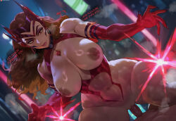1boy 1girl ai-assisted artist_name breasts brown_hair cowgirl_position english_text gem hetero highres large_breasts marvel marvel_rivals navel nipples patreon_logo patreon_username pov red_eyes red_gemstone scarlet_witch scarlet_witch_(marvel_rivals) shexyo straddling thick_thighs thighs uncensored vaginal wanda_maximoff watermark web_address