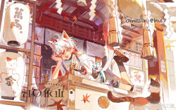 1boy ahoge animal_ears architecture autumn_leaves bell box calico cat cat_boy cat_ears cat_tail chenchuanzhiyuan copyright_name detached_sleeves east_asian_architecture fang hair_between_eyes highres japanese_clothes lantern leaf looking_at_viewer lying male_focus maneki-neko maple_leaf multicolored_hair orange_hair original paper_lantern red_hair rope shimenawa short_hair shorts smile socks stomach streaked_hair tail watermark weibo_watermark white_hair