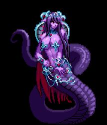 1girl animated animated_gif apophis_(monster_girl_encyclopedia) barbell_piercing bare_shoulders black_sclera bouncing_breasts bracelet breasts breathing choker cleavage cobra_(animal) colored_sclera colored_skin covering_crotch covering_privates crown earrings fingernails floating floating_object forked_tongue full_body harem_outfit jewelry lamia large_breasts levitation lip_piercing long_fingernails long_hair long_tongue looking_at_viewer lots_of_jewelry monster_girl monster_girl_encyclopedia monster_girl_encyclopedia_ii multicolored_hair nail_polish navel navel_piercing necklace nipple_tassels pasties piercing pixel_art pointy_ears purple_hair purple_skin red_eyes red_hair red_nails ricardo_ivan sagging_breasts silver simple_background slit_pupils smile solo third-party_edit tiara tongue tongue_out transparent_background two-tone_hair very_long_hair yellow_eyes