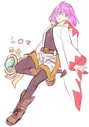 1girl ahoge boots closed_mouth final_fantasy final_fantasy_fables green_eyes highres looking_at_viewer oji_(nyantyu081) pantyhose pink_hair robe shirma short_hair shorts simple_background smile solo staff white_background white_mage_(final_fantasy)
