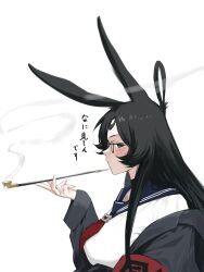 1girl absurdres akizuki_(17769498) animal_ears azur_lane black_hair blue_sailor_collar blush breasts clothes_pull from_side glasses green_eyes hand_up highres jacket jacket_pull kiseru large_breasts light_frown looking_at_viewer neckerchief open_clothes open_jacket rabbit_ears rabbit_girl red_neckerchief sailor_collar school_uniform serafuku smoking smoking_pipe solo souryuu_(azur_lane) souryuu_(the_counselor_girl)_(azur_lane) upper_body white_serafuku
