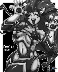 1girl alternate_eye_color alternate_hair_color animal_ears arms_up black_choker black_eyeshadow black_hair black_lips black_sclera black_tongue blush breasts capcom cat_ears cat_girl cat_tail choker claws cleavage colored_sclera commentary corruption crossover darkstalkers english_commentary english_text eyeshadow felicia_(darkstalkers) fusion greyscale happy highres large_breasts lips lipstick long_hair looking_at_viewer makeup marvel midriff monochrome navel nipples one_eye_closed parasite parted_lips possessed possession smile spacen&#039;cakes spider-man_(series) symbiote tail tendril tongue tongue_out venom_(marvel)