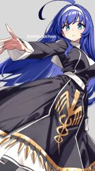 1girl ahoge black_dress blue_eyes blue_hair cowboy_shot dress grey_background highres long_hair orie_ballardiae_harada shigatsu_shizuki simple_background solo twitter_username under_night_in-birth