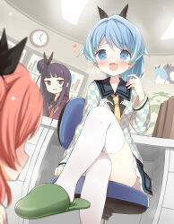 black_bow blue_eyes blue_hair blue_jacket bow checkered_clothes checkered_jacket clock desk dress fang green_slippers hair_bow hair_bun heart highres ichiyo12 jacket long_sleeves nakamachi_nua nakamachi_rua naughty_face necktie ochikobore_fruit_tart on_chair pink_hair ponytail purple_eyes purple_hair red_necktie sailor_collar sekino_chiko siblings sitting skin_fang slippers smile sweatdrop swivel_chair thighhighs twins wall_clock white_thighhighs yellow_necktie