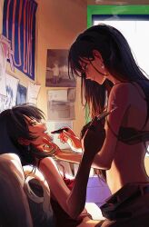 2girls absurdres applying_another&#039;s_makeup applying_lipstick applying_makeup bang_dream! bang_dream!_it&#039;s_mygo!!!!! black_hair blush brown_hair camisole cigarette closed_mouth commentary_request cosmetics earrings green_eyes hand_on_another&#039;s_chin hero45439083942 highres holding holding_cigarette holding_lipstick_tube indoors jewelry lipstick_tube long_hair multiple_girls multiple_rings open_mouth poster_(object) purple_eyes red_camisole ring shiina_taki smile smoke smoking straddling strap_slip yahata_umiri yuri