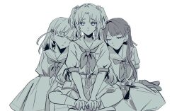 3girls breast_pocket breasts closed_eyes curtained_hair dress flower greyscale hair_flower hair_ornament hinoshita_kaho hood hood_up indian_style link!_like!_love_live! long_hair love_live! medium_breasts medium_dress monochrome multiple_girls murano_sayaka neckerchief osawa_rurino parted_bangs parted_lips pleated_dress pocket rabbit_hair_ornament raised_inner_eyebrows sad_smile sailor_collar simple_background sitting summer_uniform twintails two_side_up u_u virtual_youtuber white_background zuisetsu