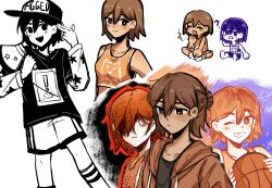 +++ 1girl 6+boys :d ;d ? ^_^ alternate_universe angry axe bailan1130 ball bare_shoulders baseball_cap basketball_(object) black_shirt breasts bright_pupils chibi chibi_inset chinese_commentary closed_eyes closed_mouth collarbone colored_skin commentary_request double-parted_bangs feet_out_of_frame finger_gun finger_gun_to_head freckles frown genderswap genderswap_(mtf) grin hair_behind_ear hair_between_eyes hair_bun hat hector_(omori) highres holding holding_axe holding_ball hood hood_down hooded_jacket jacket kel_(faraway)_(omori) kel_(headspace)_(omori) kel_(omori) kneehighs layered_sleeves long_sleeves multiple_boys multiple_persona omori one_eye_closed open_clothes open_jacket open_mouth orange_eyes orange_hair orange_jacket orange_tank_top outline purple_eyes purple_hair red_outline sharp_teeth shirt short_hair short_over_long_sleeves short_sleeves shorts simple_background single_hair_bun sitting small_breasts smile socks star_(symbol) star_print tank_top teeth upper_body upper_teeth_only white_background white_eyes white_pupils white_skin