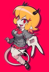Rule 34 | 1girl, blonde hair, bow, bowtie, colored skin, commentary, demon girl, demon horns, demon tail, fingernails, full body, grey skin, grey sweater, highres, horns, leg warmers, looking at viewer, original, pointy ears, red background, red bow, red bowtie, red eyes, red skirt, satanmanse, school uniform, sharp fingernails, short hair, simple background, skirt, slit pupils, solo, sweater, symbol-only commentary, tail, v