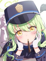 1girl blue_archive blush demon_girl demon_tail feet_up food gloves green_hair green_halo halo hat highres hikari_(blue_archive) incoming_pocky_kiss looking_at_viewer lying mikoshi_(user_wvyd4348) mouth_hold no_shoes on_stomach pantyhose pocky pointy_ears solo tail the_pose white_gloves white_pantyhose yellow_eyes