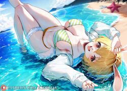 animal_ears beach bikini blonde_hair breasts buck_teeth carrot_(one_piece) cleavage curvy day full_body furry furry_female happy highres klopsiak looking_at_viewer lying on_back one_piece open_mouth outdoors rabbit_ears rabbit_girl short_hair smile swimsuit teeth thong thong_bikini upper_teeth_only water white_fur wide_hips