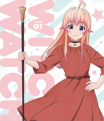 1girl ahoge bell belt black_choker blush breasts choker choppy_bangs closed_mouth copyright_name cowboy_shot dress hand_on_own_hip highres holding holding_wand jingle_bell long_dress long_hair looking_at_viewer medium_breasts medium_dress neck_bell official_art pink_hair purple_eyes red_belt red_dress sidelocks smile solo star_(symbol) wakatsuki_niko wand witch_watch