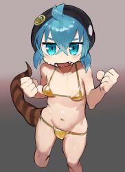 1girl badge bare_arms bare_shoulders beanie bikini black_hat blue_eyes blue_hair breasts brown_tail button_badge clenched_hands collarbone cropped_legs crossed_bangs gold_bikini gradient_background groin hair_between_eyes hands_up hat highres jpeg_artifacts kemono_friends legs_apart looking_at_viewer lowleg lowleg_bikini navel open_mouth paw_print raichiyo short_hair small_breasts snake_tail solo standing striped_tail sweat swimsuit tail teeth tsuchinoko_(kemono_friends)