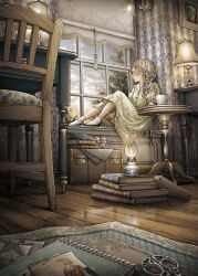 1girl absurdres blonde_hair book book_stack braid carpet chair cloud commentary_request cup desk_lamp dress full_body hair_over_shoulder highres indoors kobone_awaki lamp long_hair looking_afar oil_lamp original photo_(object) sitting sky socks solo table tassel tree white_socks window wooden_floor