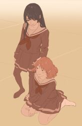 2girls 55bata6rou black_hair black_pantyhose brown_eyes brown_hair brown_serafuku brown_shirt brown_skirt closed_mouth full_body hand_on_another&#039;s_foot hibike!_euphonium highres holding_another&#039;s_hair kitauji_high_school_uniform kousaka_reina long_hair long_sleeves looking_at_another looking_down multiple_girls neckerchief no_shoes on_ground oumae_kumiko pantyhose pleated_skirt red_neckerchief sailor_collar school_uniform serafuku shirt short_hair skirt smile socks white_sailor_collar white_socks winter_uniform