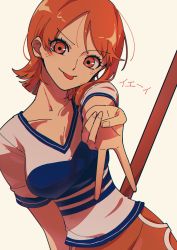 1girl :p absurdres blunt_ends breasts cleavage collarbone foreshortening gyaru_v highres looking_at_viewer medium_breasts nami_(one_piece) nami_(one_piece)_(east_blue) nzeneee one_piece orange_eyes orange_hair shirt simple_background skirt smile solo staff striped_clothes striped_shirt tongue tongue_out two-tone_shirt upper_body v v-neck white_background yellow_skirt