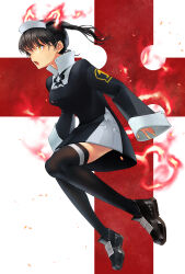 1girl absurdres black_dress black_footwear black_hair black_ribbon black_thighhighs breasts bright_pupils commentary_request cross dress embers en&#039;en_no_shouboutai fang fiery_ears fiery_tail fire full_body highres huny long_sleeves looking_ahead neck_ribbon open_mouth ribbon simple_background skin_fang solo tail tamaki_kotatsu thighhighs twintails yellow_eyes