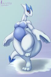 1girl absurdres animal_feet artist_name azuretto blue_skin breasts closed_mouth colored_skin creatures_(company) curvy female_focus furry furry_female game_freak gen_2_pokemon gradient_background groin happy highres leg_up legendary_pokemon looking_at_viewer lugia mature_female medium_breasts multicolored_skin nintendo personification pokemon pokemon_(creature) raised_eyebrows red_eyes signature simple_background smile solo standing standing_on_one_leg tail thick_thighs thighs twitter_username two-tone_skin white_skin wide_hips
