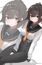 1girl akizuki_(kancolle) black_hair bodysuit gloves highres kantai_collection light_smile looking_at_viewer miron_(mirona33) shirt sitting smile white_background white_shirt