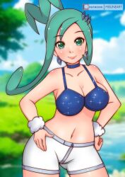 1girl bikini bikini_top_only blue_bikini blush breasts choker cleavage cloud collarbone creatures_(company) earrings flower game_freak grass green_eyes green_hair hair_ornament hands_on_own_hips jewelry large_breasts lisia_(pokemon) long_hair looking_at_viewer misune_art navel nintendo pokemon pokemon_oras ponytail river shorts sky smile sparkle standing swimsuit tree water white_shorts wrist_cuffs