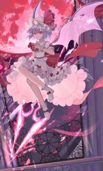 1girl ascot back_bow bare_legs bat_wings blue_hair bow bow_skirt broken_glass cloud commentary dutch_angle fingernails footwear_bow frilled_cuffs frilled_shirt frilled_shirt_collar frilled_skirt frills full_body full_moon glass grin hand_on_own_chest hat hat_bow highres holding holding_polearm holding_weapon huge_moon kuma_xylocopa lace-trimmed_headwear lace_trim long_fingernails looking_at_viewer mob_cap moon motion_blur night night_sky polearm red_ascot red_bow red_eyes remilia_scarlet scarlet_devil_mansion shirt short_hair skirt sky sleeve_bow smile socks solo spear spear_the_gungnir touhou weapon white_footwear white_shirt white_skirt white_socks window wings wrist_cuffs
