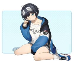 1girl artist_name between_legs black_hair black_shorts blue_background blue_eyes blue_jacket blush border breasts character_name clothes_writing collarbone commentary_request feathered_wings full_body hair_ornament hairclip halftone halftone_background hand_between_legs hand_up head_wings indie_virtual_youtuber jacket kurata_rine kurata_rine_(vtuber) long_sleeves looking_at_viewer one_eye_closed open_clothes open_jacket open_mouth puffy_long_sleeves puffy_sleeves ribbed_socks shirt shoes short_shorts shorts sitting sleeves_past_wrists small_breasts socks solo virtual_youtuber wariza white_border white_shirt white_shoes white_socks white_wings wings