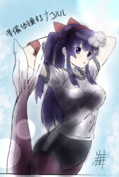 1girl absurdres alternate_costume alternate_hairstyle arms_behind_head arms_up blush breasts buruma fingerless_gloves gloves hair_ribbon highres japanese_text large_breasts long_hair looking_at_viewer mermaid monster_girl nakoruru parted_lips pink_lips purple_eyes purple_hair ribbon samurai_spirits shirt smile snk solo sports_uniform sportswear the_king_of_fighters tongue traditional_media translation_request twintails very_long_hair