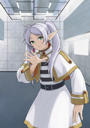 1girl belt belt_buckle black_belt black_shirt buckle capelet commentary cowboy_shot earrings english_commentary frieren green_eyes highres indoors jamiroquai jewelry long_hair long_sleeves looking_at_viewer nose open_hand parted_bangs parted_lips pas_(paxiti) pointy_ears pose_imitation scene_reference shirt skirt solo sousou_no_frieren standing striped_clothes striped_shirt teardrop_earrings twintails virtual_insanity_(song) white_capelet white_hair white_shirt white_skirt