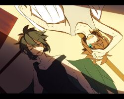 2boys angel angel_wings black_hair blue_eyes brown_hair closed_eyes dark_pit grey_shirt hot kid_icarus kid_icarus_uprising letterboxed lying multiple_boys nintendo pit_(kid_icarus) rotational_symmetry rushia_(retreat) shirt sleeveless sleeveless_shirt strap_slip sweat wings