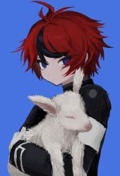 1boy animal armband baby_animal black_hair black_jacket blue_background blue_eyes closed_eyes closed_mouth commentary_request furifurifurill gloves hair_between_eyes highres holding holding_animal jacket lamb last_defense_academy_school_uniform long_sleeves looking_at_viewer male_focus multicolored_hair red_hair school_uniform sheep simple_background solo streaked_hair sumino_takumi the_hundred_line_-last_defense_academy- upper_body white_armband white_gloves