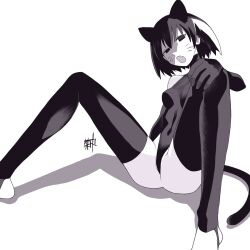 1girl :o animal_ears artist_name ass bare_shoulders barefoot black_eyes black_gloves black_hair black_leotard black_thighhighs bob_cut breasts cat_ears cat_girl cat_tail commentary covered_navel drawn_whiskers empty_eyes fang gloves greyscale groin hair_between_eyes hand_on_own_knee highleg highleg_leotard highres kemonomimi_mode kikumaru_bunta leotard looking_at_viewer monochrome monogatari_(series) narrowed_eyes open_mouth oshino_ougi shadow short_hair signature simple_background skin_fang sleeveless_turtleneck_leotard small_breasts solo spread_legs stirrup_legwear tail thighhighs toeless_legwear translated turtleneck white_background wide_spread_legs