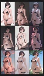 Rule 34 | 1girl, absurdres, bikini, black background, black bikini, black border, blush, bob cut, border, breasts, brown hair, cloud, collarbone, commentary, contrapposto, cowboy shot, english commentary, expressionless, fingernails, free style (yohan1754), gradient background, hair over one eye, highres, large breasts, light study, long bangs, looking at viewer, micro bikini, navel, one eye covered, original, outdoors, parted bangs, pink eyes, pink nails, shiny clothes, shiny skin, short hair, sidelighting, simple background, skindentation, solo, stomach, swimsuit, thigh strap, tree, underlighting, variations, white background