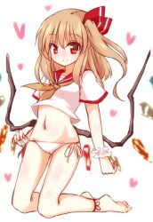 1girl anklet barefoot blonde_hair bow cameltoe cropped_shirt crystal_wings dot_nose flandre_scarlet frilled_bracelet groin hair_bow heart heart_background jewelry kneeling long_hair looking_at_viewer low_wings lowleg misoshiru_(meridianchild312) multicolored_wings navel one_side_up panties red_bow red_eyes red_sailor_collar red_trim sailor_collar scarf side-tie_panties smile solo string_panties string_pull touhou underwear white_background wings yellow_scarf