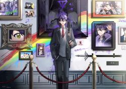 Rule 34 | 1boy, artist name, bandaged hand, bandages, black jacket, black pants, blazer, character request, collared shirt, commentary request, fushimi gaku, fushimi gaku (1st costume), fuwa minato, genderswap, genderswap (mtf), green eyes, grey sweater vest, grin, hair between eyes, hand in pocket, hand up, happy trigger (nijisanji), highres, ienaga mugi, ienaga mugi (7th costume), indoors, jacket, kagami hayato, kaida haru, kenmochi touko, kenmochi touya, kenmochi touya (1st costume), lapels, looking at viewer, male focus, necktie, nijisanji, omamori, open clothes, open jacket, paint, pants, photo (object), picture frame, plaid clothes, plaid necktie, purple hair, rainbow, red necktie, rof-mao, saw (dtn error), school uniform, sheath, sheathed, shirt, short hair, signature, smile, solo, standing, sweater vest, sword, teeth, virtual youtuber, weapon, weapon bag, white shirt, wing collar, yuuhi riri, yuuhi riri (1st costume)