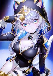 1girl animal_ear_fluff animal_ears animal_hood belt black_gloves black_leotard blue_eyes breasts cat_ears cat_girl cat_hood cat_tail cipher_(honkai:_star_rail) cleavage coin commentary_request fingerless_gloves gloves gold_coin grey_hair highres holding holding_coin honkai:_star_rail honkai_(series) hood hooded_leotard large_breasts leotard mole mole_on_breast short_hair_with_long_locks sitting solo syarou tail thigh_belt thigh_strap thighs yellow_nails