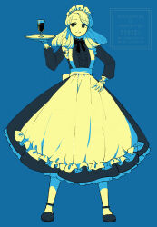 1girl alternate_costume apron blue_background commentary_request cup enmaided famiresu_wo_kyouju_seyo glasspan_(famiresu_wo_kyouju_seyo) highres holding holding_tray maid maid_apron maid_headdress mia960 simple_background smile solo tray