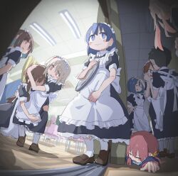 5boys 5girls @_@ absurdres bare_arms black_hair blue_eyes blue_hair blurry blurry_background blush_stickers brown_hair brown_shoes colored_inner_hair commentary crawling crossdressing enosawari fujoshi grey_hair hair_ornament hairclip highres holding holding_tray hozuki_momiji hug indoors loafers maid maid_headdress male_maid multicolored_hair multiple_boys multiple_girls murosaki_miyo nagase_miyako onii-chan_wa_oshimai! oyama_mahiro pink_hair puffy_short_sleeves puffy_sleeves sakurada_yuuta senkawa_minato shoes short_hair short_sleeves side_ponytail smile socks tachikawa_aoi trap tray trembling two-tone_hair wavy_mouth white_socks