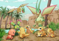 colored_skin desert dragon dust flygon gen_1_pokemon gen_3_pokemon gen_5_pokemon green_skin highres lake maractus nature nintendo no_humans oasis outdoors palm_tree pokemon pokemon_(creature) q-chan sand sandshrew trait_connection trapinch tree water wings