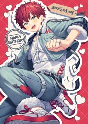 1boy :d amagi_hiiro blue_eyes blue_jacket blue_pants blush commentary_request dated drop_shadow ensemble_stars! foot_out_of_frame fur-trimmed_pants fur-trimmed_sleeves fur_trim grid_background happy_birthday highres jacket long_sleeves looking_at_viewer lq_saku male_focus open_clothes open_jacket open_mouth outline pants red_background red_hair shirt shoes short_hair smile sneakers solo teeth upper_teeth_only white_outline white_shirt white_shoes