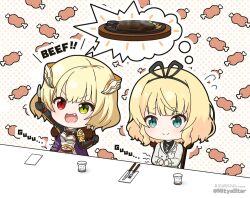 2girls :d armor black_gloves black_ribbon black_shirt blazer blonde_hair blue_eyes blush breastplate chair charlotte_(shironeko_project) chibi closed_mouth collared_shirt commentary_request cup drinking_glass english_text fang flying_sweatdrops food food-themed_background fork gloves gochuumon_wa_usagi_desu_ka? good_meat_day green_eyes grey_jacket hair_ribbon heterochromia holding holding_fork holding_knife hungry jacket kirima_syaro knife meat mitya multiple_girls necktie on_chair open_mouth outstretched_arm plaid_clothes plaid_necktie polka_dot polka_dot_background red_eyes ribbon school_uniform shironeko_project shirt simple_background sitting smile stomach_growling table twitter_username uchida_maaya v-shaped_eyebrows voice_actor_connection water white_background