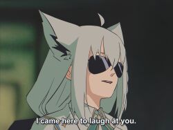 1girl animal_ears blurry blurry_background english_text fox_ears fox_girl highres hololive hyde_(tabakko) i_came_here_to_laugh_at_you_(meme) long_hair meme shirakami_fubuki solo sunglasses upper_body virtual_youtuber white_hair