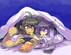 2boys bag_of_chips danganronpa_(series) danganronpa_v3:_killing_harmony fang gokuhara_gonta green_hair hair_between_eyes handheld_game_console holding holding_handheld_game_console kumakoro_(tetsupag) male_focus multiple_boys oma_kokichi pillow playstation_vita purple_eyes purple_hair red_eyes sharing_food shirt topless_male under_covers white_shirt yaoi