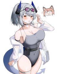 +++ 2girls :d ^_^ absurdres arknights bare_shoulders blush breasts brown_hair chibi chibi_inset cleavage closed_eyes collarbone covered_navel franka_(arknights) goggles goggles_on_head grey_hair grey_one-piece_swimsuit hair_between_eyes highres horns jacket large_breasts liskarm_(arknights) long_sleeves multiple_girls off_shoulder one-piece_swimsuit open_clothes open_jacket open_mouth ponytail puffy_long_sleeves puffy_sleeves red_eyes see-through_clothes see-through_jacket simple_background smile solo_focus spam_(spamham4506) sweat swimsuit tail white_background white_jacket