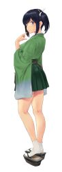 1girl black_hair blue_eyes blue_hair breasts closed_mouth dark_blue_hair feet finger_to_mouth from_behind full_body green_hakama green_kimono green_skirt hakama hakama_short_skirt hakama_skirt heel_up highres japanese_clothes kantai_collection kimono large_breasts legs looking_at_viewer medium_hair pleated_skirt sandals short_twintails simple_background skirt socks solo souryuu_(kancolle) standing tabi twintails wa_(genryusui) white_background white_socks wide_sleeves zouri