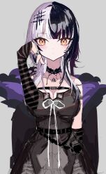 1girl arm_strap black_arm_warmers black_choker black_coat black_dress black_hair breasts choker cleavage closed_mouth coat dress grey_background grey_hair hashtag-only_commentary highres hololive hololive_english jewelry kozimo123456 large_breasts long_hair looking_at_viewer multicolored_hair ribbon ring shiori_novella shiori_novella_(1st_costume) simple_background solo split-color_hair striped_arm_warmers two-tone_hair virtual_youtuber white_ribbon yellow_eyes yorick_(shiori_novella)