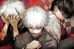 3boys black_hair black_pants black_sclera black_shirt blood centipede_print colored_sclera cuffs gradient_eyes grid_background handcuffs hands_on_own_face heterochromia highres kaneki_ken looking_at_viewer loose_clothes loose_shirt male_focus mismatched_sclera multicolored_eyes multiple_boys multiple_views open_mouth pants red_eyes shaded_face shadow shirt short_hair smile stfr_(stfr_kaz) teeth tokyo_ghoul tongue torn_clothes torn_shirt white_hair